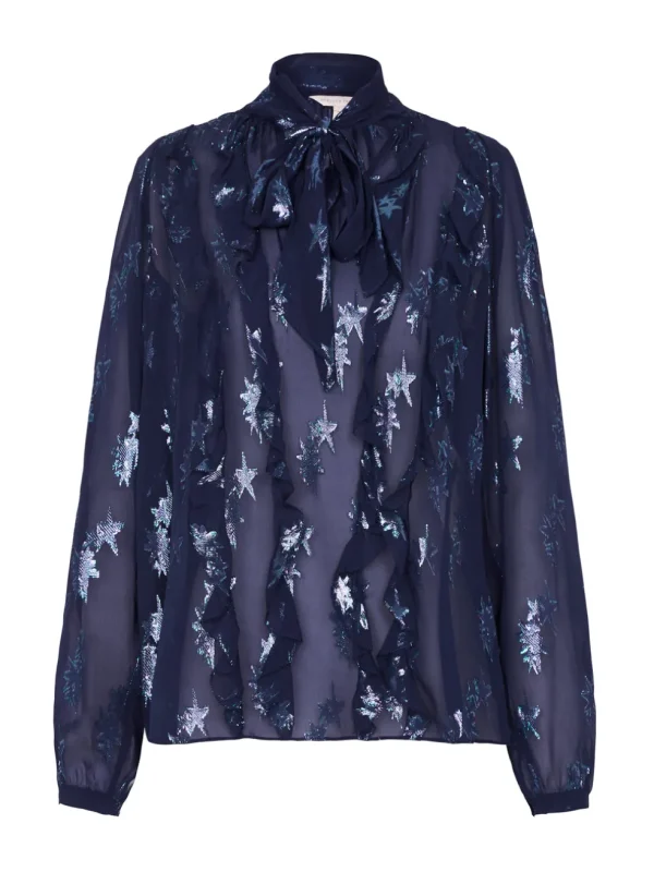 Metallic Star Clip Tie Neck Top