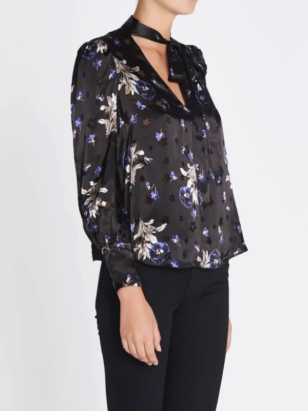 Violet Floral Satin Burnout Scarf Neck Top