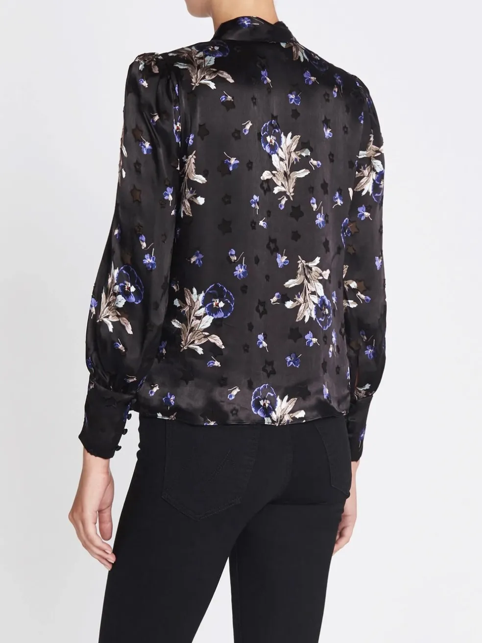 violet_floral_satin_burno_3.webp Violet Floral Satin Burnout Scarf Neck Top