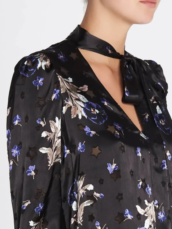 Violet Floral Satin Burnout Scarf Neck Top