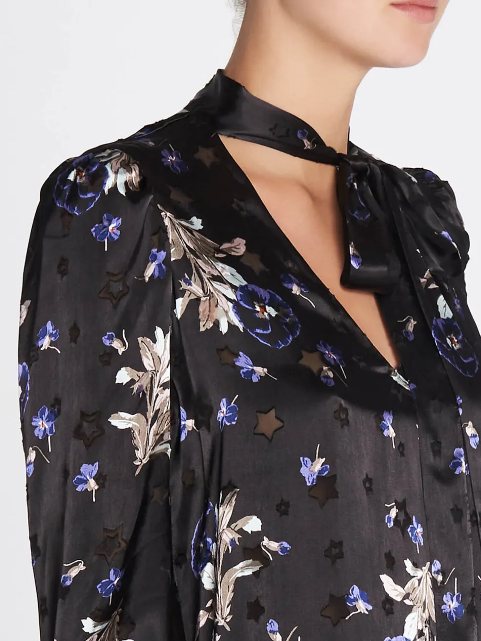 violet_floral_satin_burno_4.webp Violet Floral Satin Burnout Scarf Neck Top